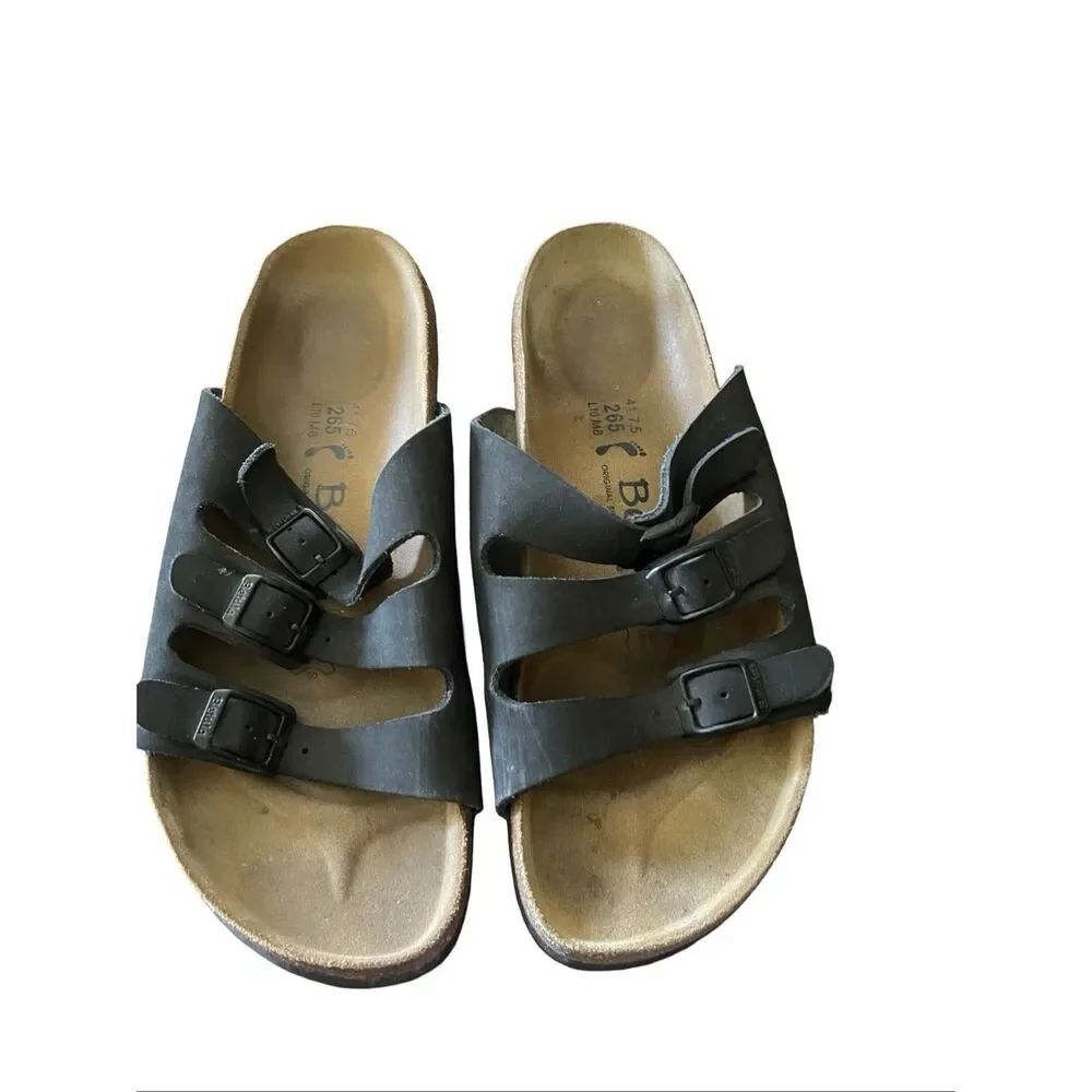Betula Womens Black 265 M8 L10 Leather Triple Strap Slip On Sandals Size 7.5